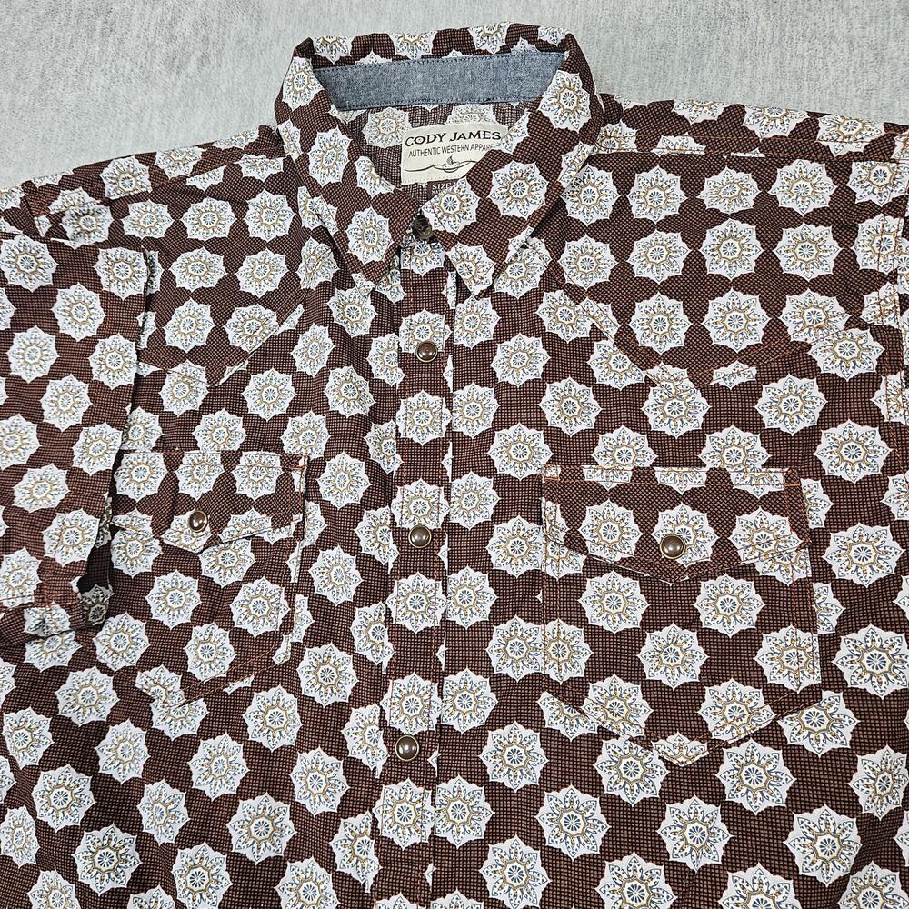 Cody James Shirt Mens XL Brown Geometric Western Pearl Snap Short Sleeve Cowboy